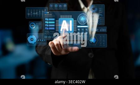Futuristic Businessman Interacting with Digital Artificial Intelligence Interface and Data Analysis Graphics in Creative Office Environment Sigmoid Stock Photo