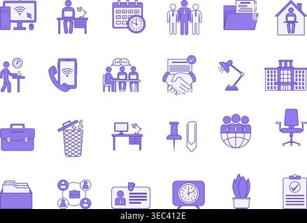 Colored Office Icon Set. Vector Icons Computer, Employee, Team, Desk, Office Chair, Documents, Archive, Meetings, Briefcase, Corporate, and More Stock Vector