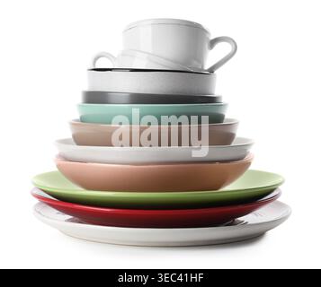 Stack of clean dishes and cups isolated on white Stock Photo