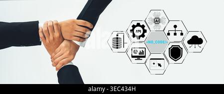 Business Hands Collaboration Concept with No Code Technology Visual Elements and Data Integration Graphics in the Background Quark. Stock Photo