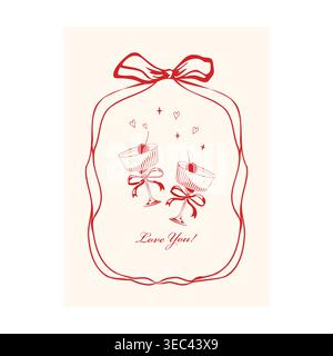 Valentine's day greeting card featuring two cocktail glasses and love you message Stock Vector