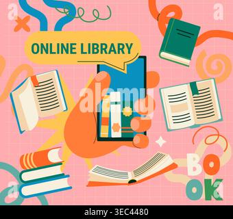 Concept of online library in hand.Smartphone for order book ,reading books via mobile,online store.Stories,poems,novels in mobile application.Education,studying,learning,self education concept.Vector Stock Vector