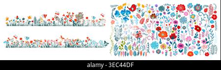 A set of simple colored flowers and grass constructor. hand drawing. Not AI Vector illustration Stock Vector