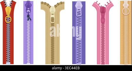 Zipper. Clothes fashioned tools exact vector cartoon colored zipper Stock Vector