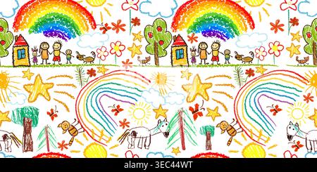Cute kid doodle pattern. Seamless background with children's drawings. Hand drawn. Not AI, vector illustration. Stock Vector
