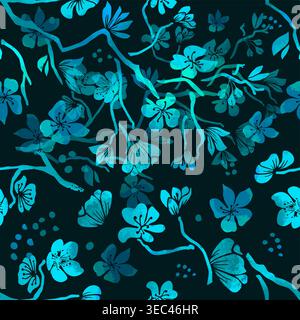 Seamless black background with blue neon sakura flowers. Hand drawn. Not AI, vector illustration Stock Vector