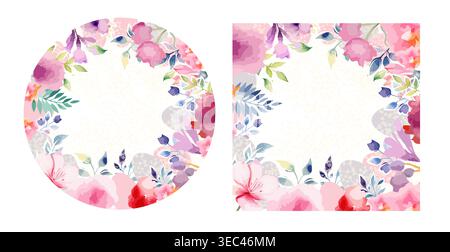 A set of beautiful frames of watercolor pink flowers. Hand drawn. Not AI, vector illustration Stock Vector