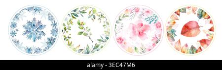 Seasons of the year round frames. Hand drawn. Not AI, vector illustration. Stock Vector