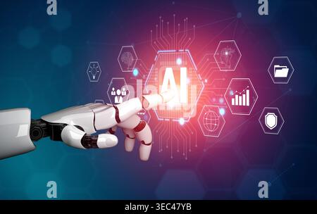 Futuristic robotic hand interacting with artificial intelligence interface featuring digital icons and data visualization elements on a vibrant Stock Photo