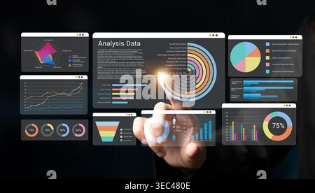 A person interacts with a high-tech touchscreen interface displaying various colorful graphs and diagrams for data analysis, perfect for business Stock Photo