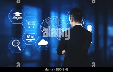 Business Professional Analyzing Digital Data with Technology Graphics and Icons Representing Education, Shopping, Cloud, Security, and Analytics Quark Stock Photo