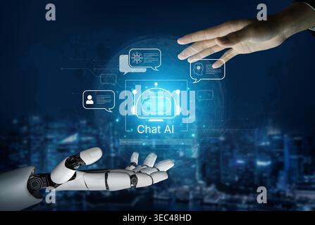 Futuristic AI chatbot with autonomous agent capabilities, AI natural language understanding, and seamless business workflow AI integration. AI for Stock Photo