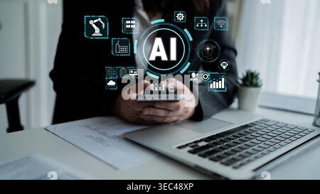 Business Professional Using Smartphone with AI Icons and Technology Indicators in Modern Office Environment for Digital Transformation Concept Quark. Stock Photo