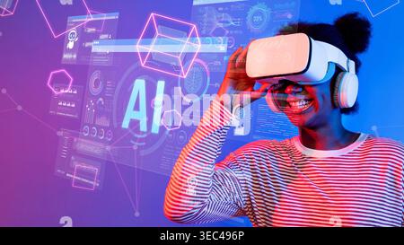 Happy young woman wearing virtual reality headset interacting with digital interface displaying artificial intelligence data and technology graphics Stock Photo