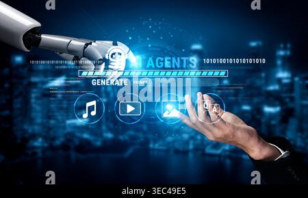 Futuristic Robotic Hand Interacting with Digital Interface in a High-Tech Environment, Conceptual Representation of AI and Automation Technologies Stock Photo