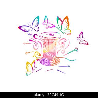 Logo of threads and needles with butterflies for a seamstress colored Hand drawn. Not AI, vector illustration. Stock Vector