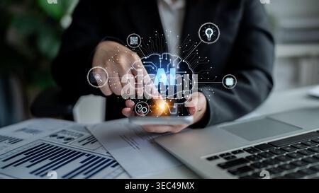 Artificial intelligence models neural signals for deep learning and cognitive computing. Train artificial intelligence to improve recognition Stock Photo