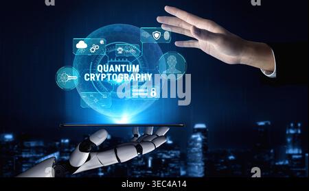 Futuristic Concept of Quantum Cryptography with Robotic Hand and Human Interaction in a Digital Environment Fluxor. Stock Photo