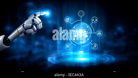 Futuristic Robot Hand Interacting with Digital Technology Interface for Innovation and Automation in Business and Communication Fluxor. Stock Photo