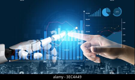 A visual representation of partnership between human and artificial intelligence demonstrated through an outstretched hand and robotic hand Stock Photo