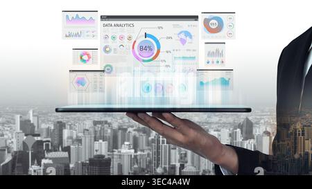 Digital Data Analytics Display with Graphs and Charts against a City Skyline for Business Insights and Technology Visualization Sigmoid Stock Photo