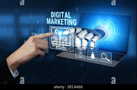 Futuristic Digital Marketing Concept with Robotic Hand Interacting with Laptop Display and Icons Representing Technology and Automation Quark. Stock Photo
