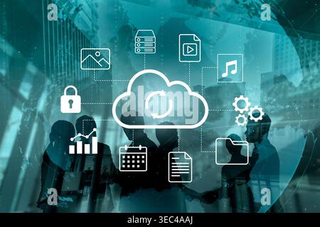 Cloud computing concept showcases a business team engaged in discussion. Icons represent data storage, sharing, and analytics, highlighting modern Stock Photo