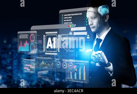 Futuristic Businessman Interacting with AI Technology and Data Analytics in Cyber Space Environment Quark. Stock Photo