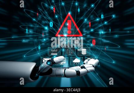 Futuristic Robot Hand Reaching Towards Digital Warning Triangle with Data Icons, Blockchain Elements, and Binary Code in Abstract Technology Stock Photo