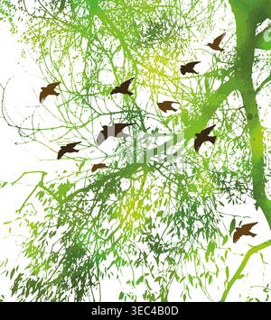 Silhouette of willow green tree branch with flying birds. Not AI, vector illustration. Stock Vector