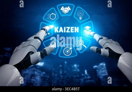 Futuristic Robotic Hands Interacting with Digital Icons Representing Business Concepts and Kaizen Philosophy in a Modern Office Environment Quark. Stock Photo