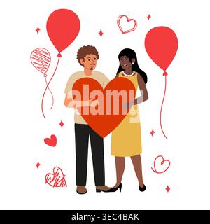 Loving couple embracing big heart. Flat vector art for romantic invitations and February 14 wishes. International wedding Stock Vector