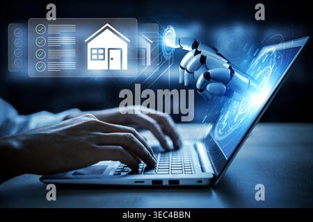 A robotic hand interacts with a laptop screen displaying a smart home interface, illustrating the integration of advanced technology in everyday life Stock Photo