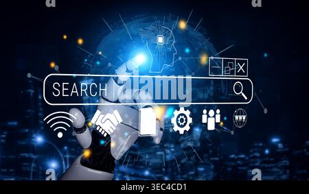 Futuristic Robot Hand Interacting with Digital Search Bar Overlaying Technology Interface with Cyber Elements and Abstract Background Quark. Stock Photo