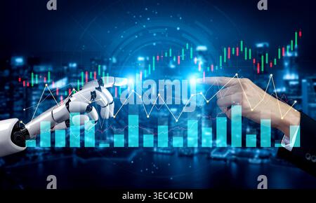 Futuristic Interaction Between Human Hand and Robotic Hand Amidst Financial Data Charts and Cityscape, Symbolizing Technology and Humanity Stock Photo