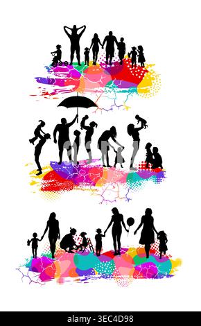 Set Family parents and kids. Silhouettes of families and colorful blots. Hand drawn. Not AI, vector illustration. Stock Vector