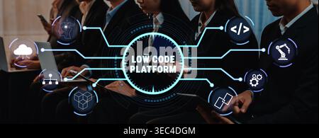 Low Code Platform Visual Representation with Diverse Professionals Engaged in Digital Transformation Quark. Stock Photo