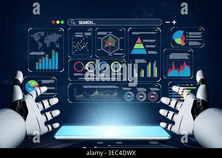 Futuristic Robot Hands Interacting with Data Analysis Dashboard and Visualizations in a High-Tech Environment with Graphs and Statistics Quark. Stock Photo
