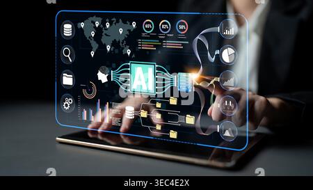 Futuristic Digital Interface Showcasing Artificial Intelligence Data Analysis with Charts, Statistics, and Interactive Elements for Modern Business Stock Photo