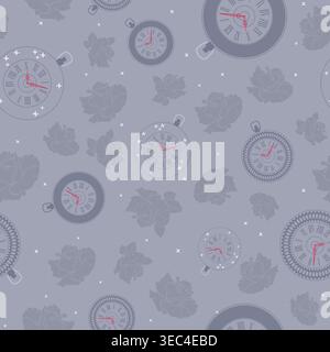 Gothic Victorian Clock and Rose Seamless Pattern with Pocket Watches on Gray Background Stock Vector