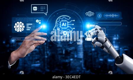 Advanced AI cognitive computing concept with human brain and AI gear integration, featuring smart AI search and interactive virtual AI assistant Stock Photo