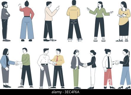 Office workers characters. Business handshake, employee thinking, surprised, pointing. Social and administrative worker, managers, vector clipart Stock Vector