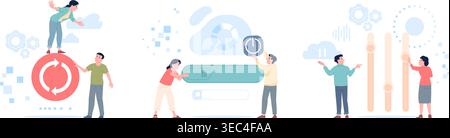 Updating buttons concept. People update systems, work process and reload. Digital renovation, restart job, life or relationship. Turn slider, flip Stock Vector