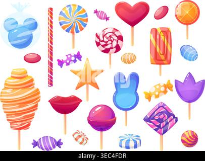 Sweet candies. Lollipops, caramel, chewing gums in wrappers. Striped candy, sweet spiral stick. Different bonbons, glazed sugar caramels nowaday Stock Vector