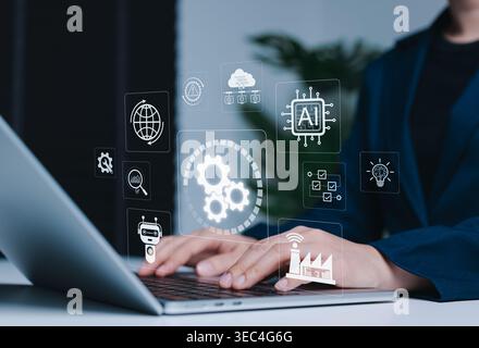 AI automation workflow and smart industry operations concept. Person using laptop with AI, cloud, and factory icons. digital transformation, process c Stock Photo