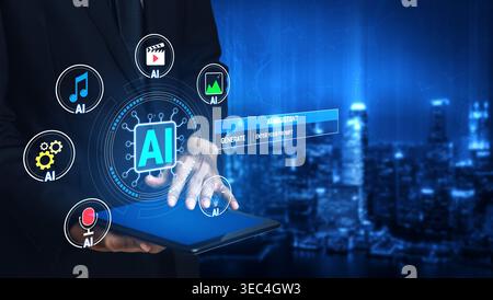 Man Using Tablet with AI Interface and Digital Icons for Music, Video, Analytics, and Voice Recognition in a Modern City Setting Quark. Stock Photo