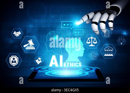 Futuristic Concept of Artificial Intelligence Ethics with Robotic Hand, Human Brain and Symbols Depicting Law, Technology, and Responsibility in Stock Photo