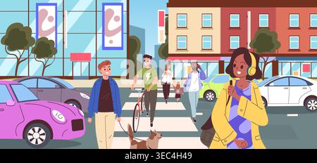 People crosswalk. Pedestrian street city road traffic, urban sidewalk busy man woman crossing walk way go crowd citizen safety zebra light sign bicycle classy vector illustration original artwork Stock Vector