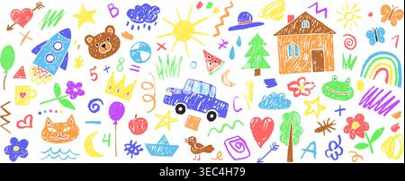 Crayon childish drawings. Kids hand drawn, children pastel chalk pencil doodle scribble baby sketch art cute colorful flower sun rainbow cloud heart qualitative vector illustration original artwork Stock Vector