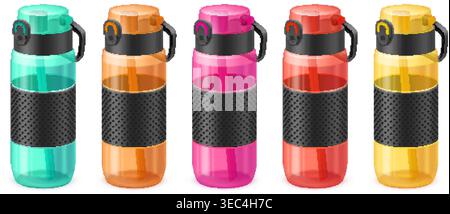 Realistic fitness bottles. Sport water bottle, gym flask 3d tumbler shaker mockup reusable plastic drink cup flip cap lid isolated color container set garish vector illustration original artwork Stock Vector